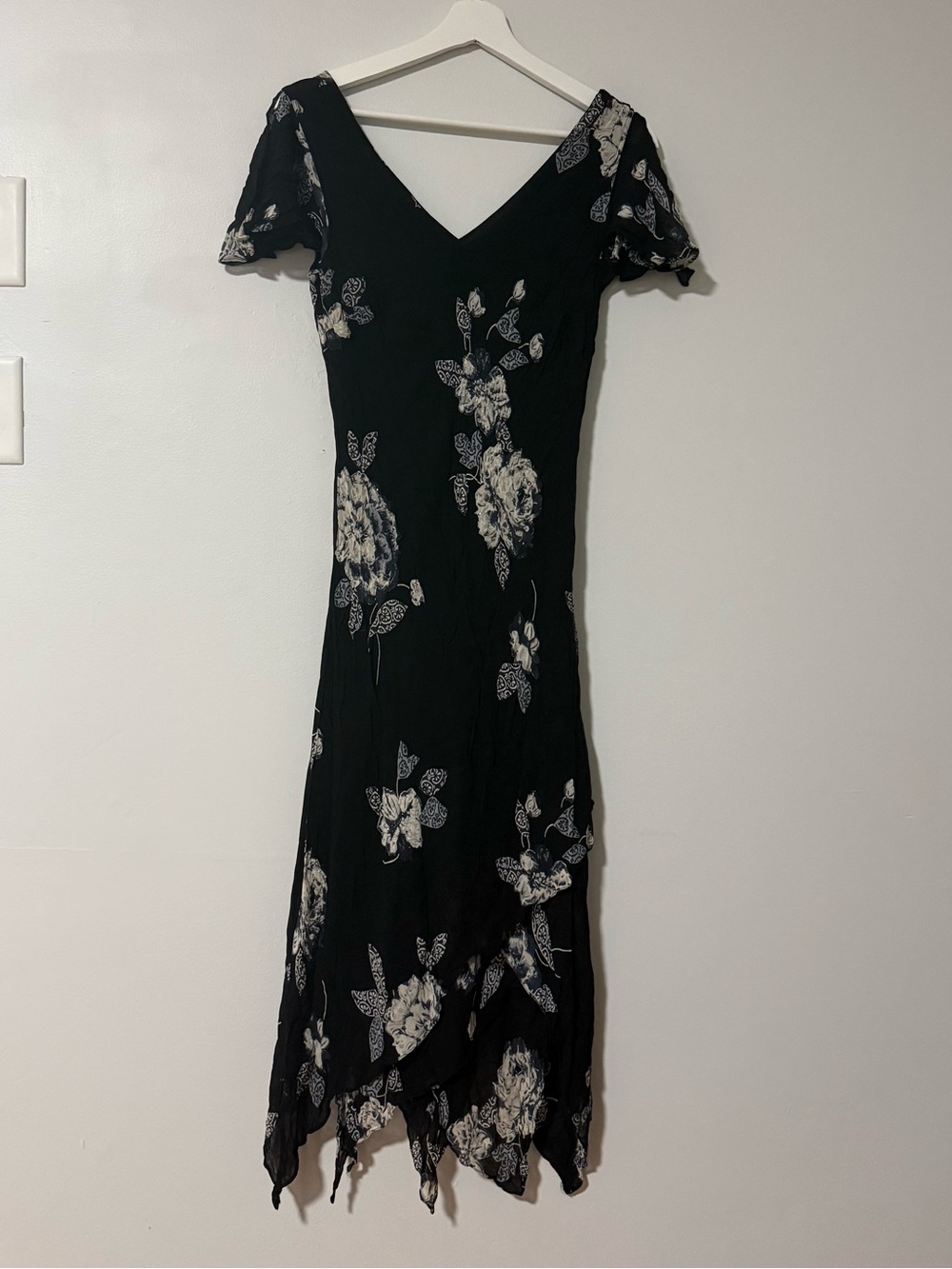 Black Floral Asymmetrical Midi Dress